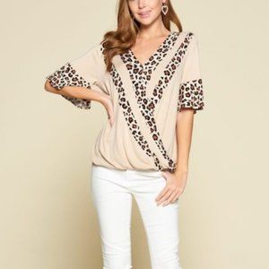 NEW BOUTIQUE LEOPARD TRIM CROSSOVER TOP BLOUSE